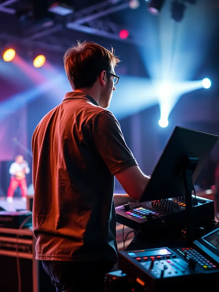 A technician adjusting sound and lighting equipment during a live performance, showcasing ACPR's technical support services.
