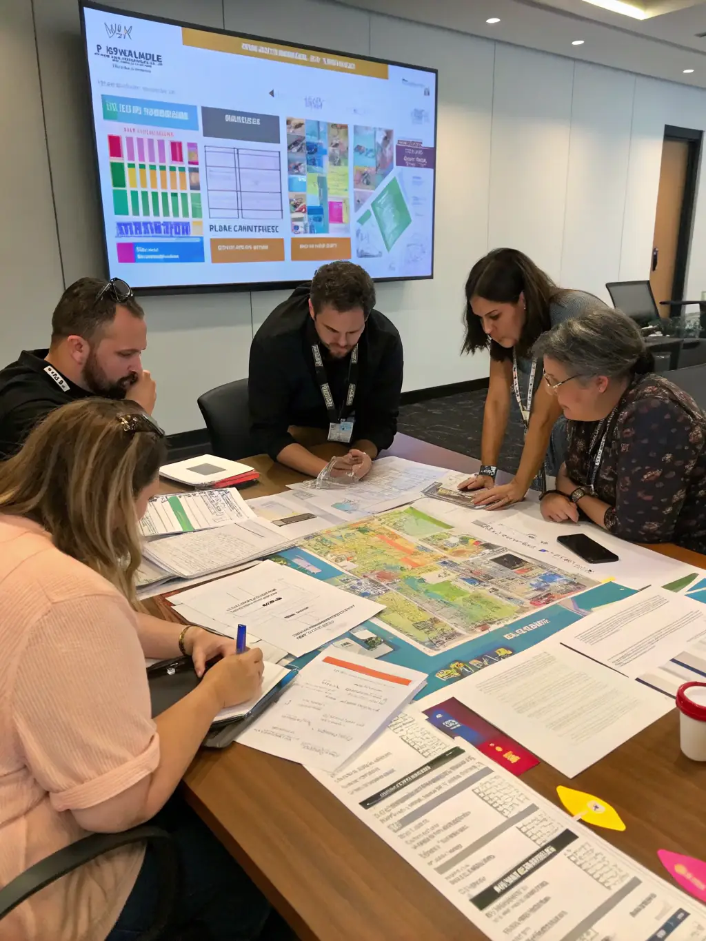 A team coordinating a performance event with schedules and venue arrangements, showcasing efficient organizational facilitation.