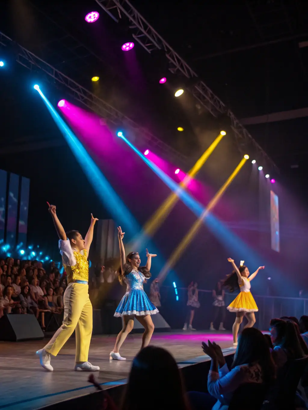 A vibrant photograph of a stage performance featuring dancers in colorful costumes, bathed in dynamic lighting, capturing the energy and artistry of a live event managed by ACPR.