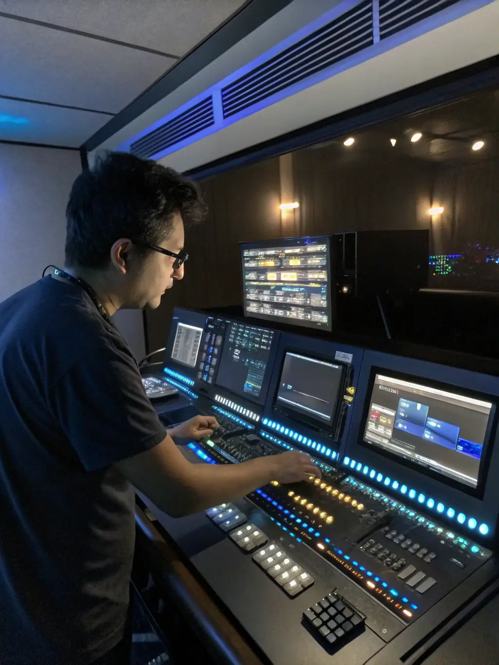 A technician adjusting sound and lighting equipment during a live performance, ensuring high-quality technical support.