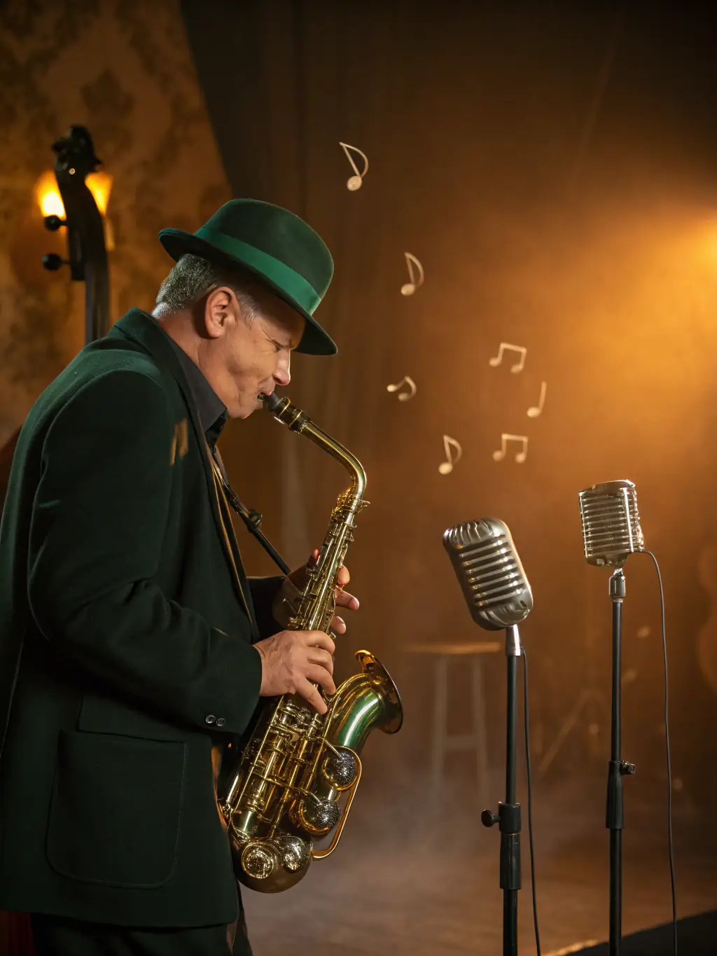 A captivating image of a musician playing a saxophone on stage, with a lively audience in the background, representing a jazz performance organized by ACPR.