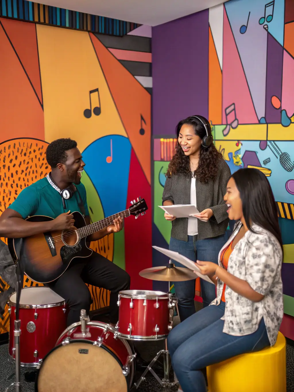 A diverse group of artists collaborating and planning a performance, highlighting the collaborative spirit fostered by ACPR's services.